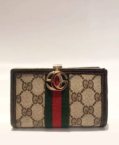 1980s GUCCI MONOGRAM WEB STRIPE METAL GG LOGO CLUTCH WALLET - STYLE-CHNGR
