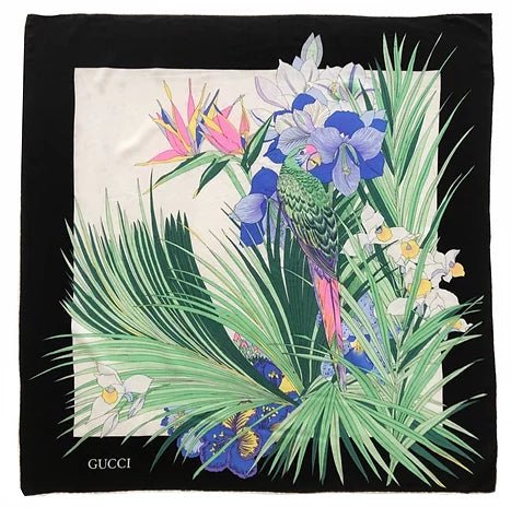 1980s GUCCI PARROT EXOTIC TROPICAL PRINT SILK SCARF - STYLE-CHNGR