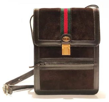 1980s GUCCI SHERRY BROWN SUEDE LOGO FLAPOVER SHOULDER  WEB BAG - STYLE-CHNGR