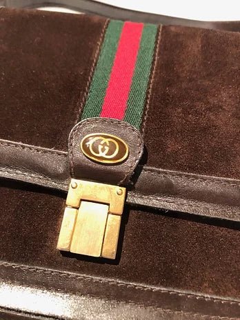 1980s GUCCI SHERRY BROWN SUEDE LOGO FLAPOVER SHOULDER  WEB BAG - STYLE-CHNGR