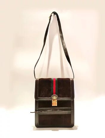 1980s GUCCI SHERRY BROWN SUEDE LOGO FLAPOVER SHOULDER  WEB BAG - STYLE-CHNGR