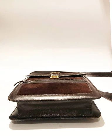 1980s GUCCI SHERRY BROWN SUEDE LOGO FLAPOVER SHOULDER  WEB BAG - STYLE-CHNGR
