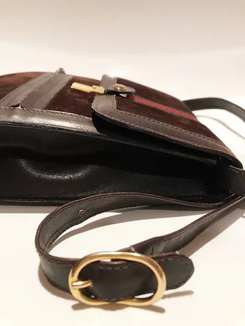 1980s GUCCI SHERRY BROWN SUEDE LOGO FLAPOVER SHOULDER  WEB BAG - STYLE-CHNGR