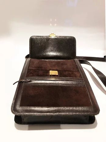 1980s GUCCI SHERRY BROWN SUEDE LOGO FLAPOVER SHOULDER  WEB BAG - STYLE-CHNGR