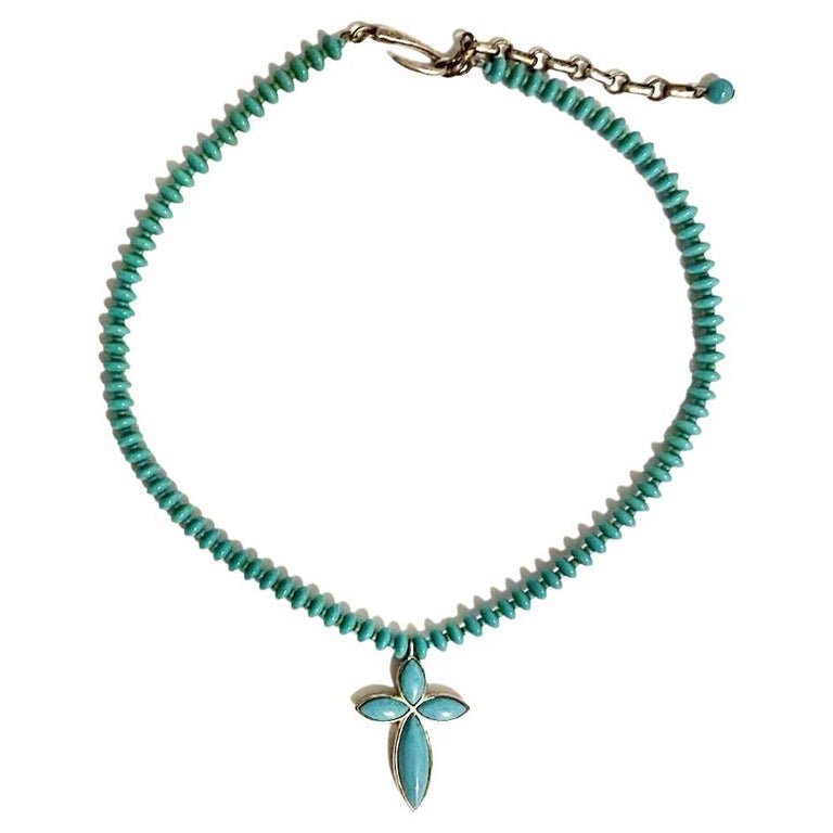 1980s Givenchy Turquoise Cross Silver Pendant Necklace