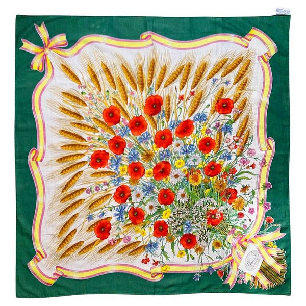1980s Gucci Accornero Poppy Flower Green edges Cotton Scarf - STYLE-CHNGR