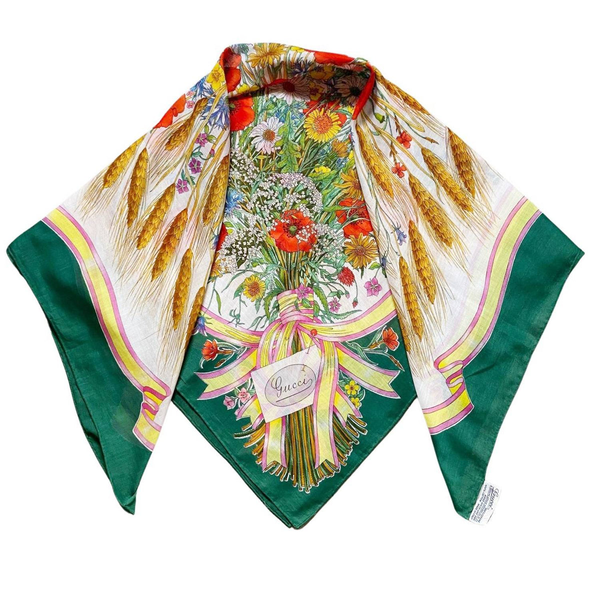 1980s Gucci Accornero Poppy Flower Green edges Cotton Scarf - STYLE-CHNGR