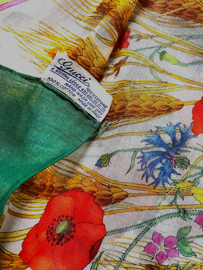 1980s Gucci Accornero Poppy Flower Green edges Cotton Scarf - STYLE-CHNGR
