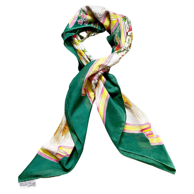 1980s Gucci Accornero Poppy Flower Green edges Cotton Scarf - STYLE-CHNGR