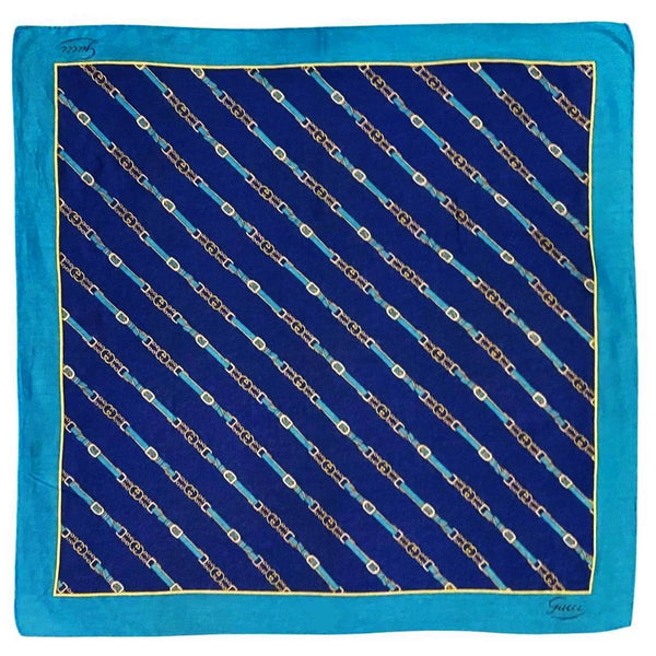 1980s Gucci Equestrian Print Cotton Head Scarf on Blue - STYLE-CHNGR