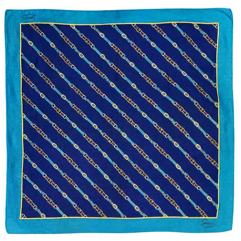 1980s Gucci Equestrian Print Cotton Head Scarf on Blue