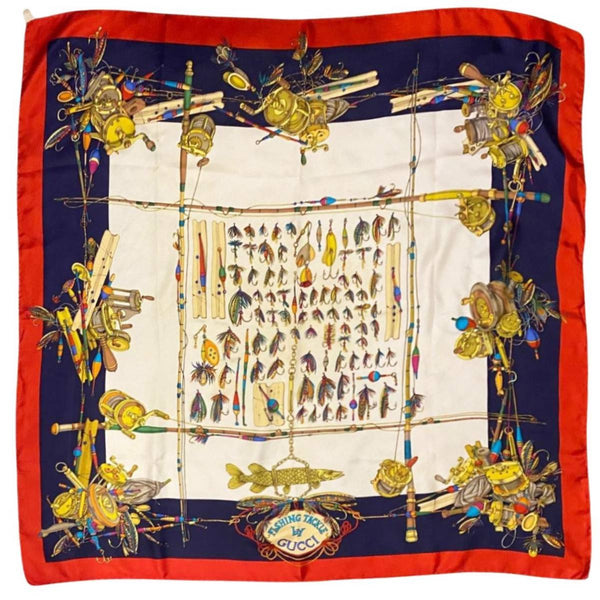 1980s Gucci Fishing Tackle Print Silk Large Multicolour Scarf - STYLE-CHNGR