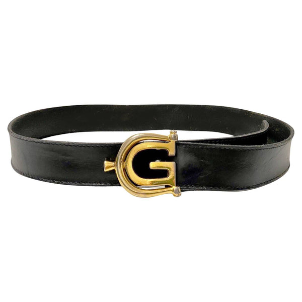 1980s Gucci GG Double GG Gold Metal Buckle Black Leather Belt - STYLE-CHNGR