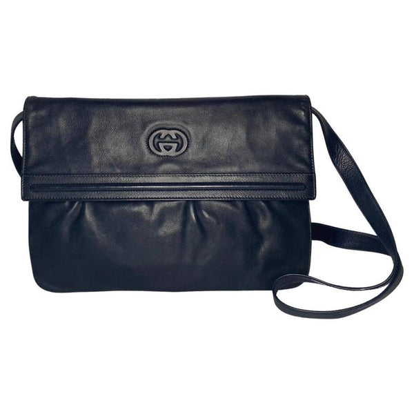 1980s Gucci Navy Blue Leather flap top bag - STYLE-CHNGR