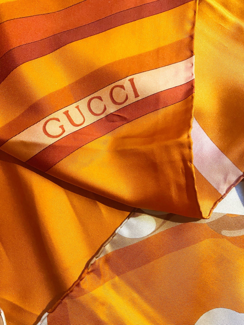 1980s Gucci Orange Gold Horsebit Silk Scarf - STYLE-CHNGR