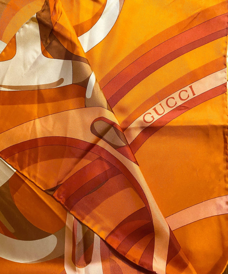 1980s Gucci Orange Gold Horsebit Silk Scarf - STYLE-CHNGR