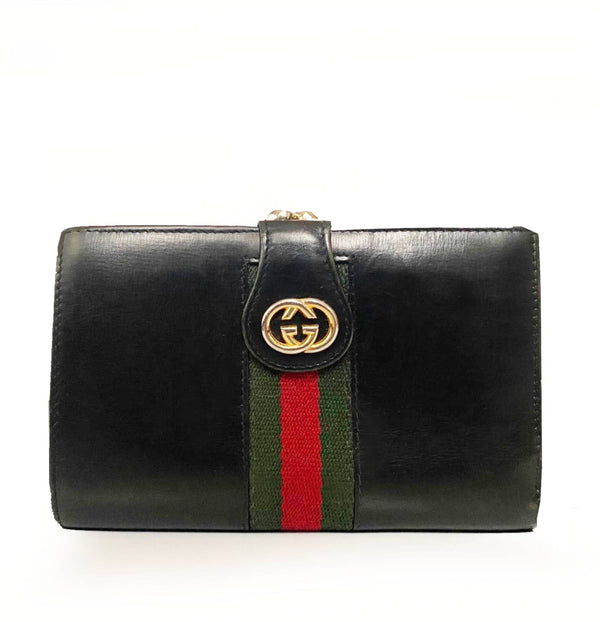 1980s Gucci Web Black Leather Wallet - STYLE-CHNGR