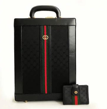 1980s Gucci Web Vertical Black Leather Briefcase with Matching Wallet - STYLE-CHNGR