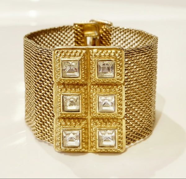 1980s Guy Laroche Gold Plated Mesh Crystal Bangle - STYLE-CHNGR
