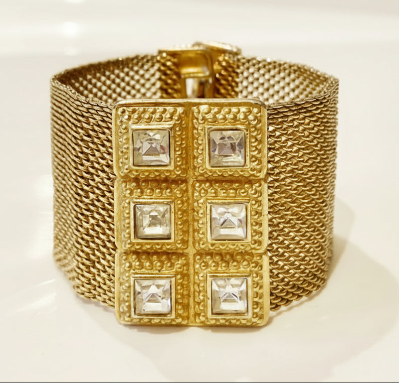 1980s Guy Laroche Gold Plated Mesh Crystal Bangle