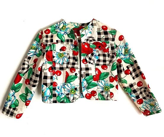 1980s KENZO CHEQUERED CHERRY PRINT CROPPED DENIM JACKET - STYLE-CHNGR