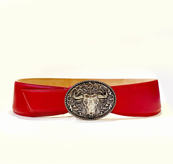 1980s MOSCHINO BULL HEAD BUCKLE RED LEATHER HIGH WAIST BELT - STYLE-CHNGR