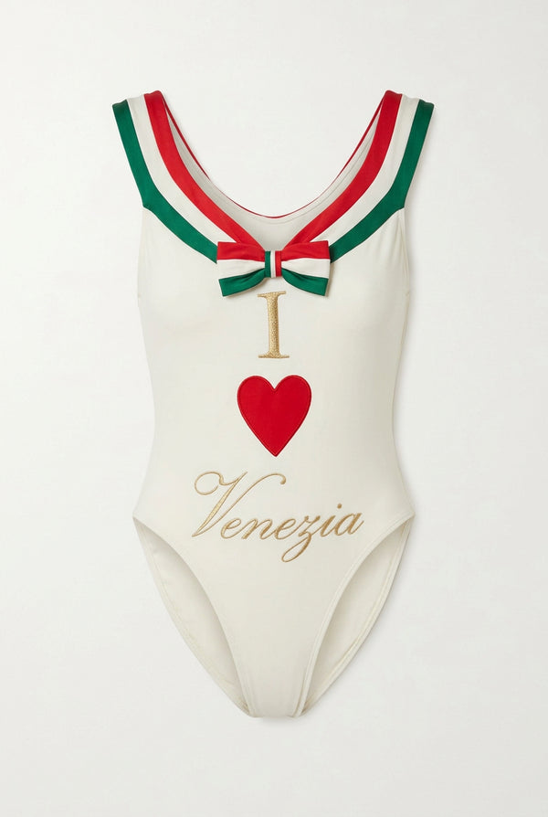 1980s Moschino I Love Venezia Print One Piece Swimsuit 