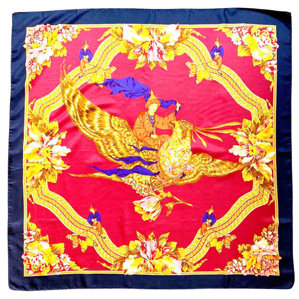 1980s Salvatore Ferragamo Chinese Flying Warrior Silk Babushka Scarf - STYLE-CHNGR
