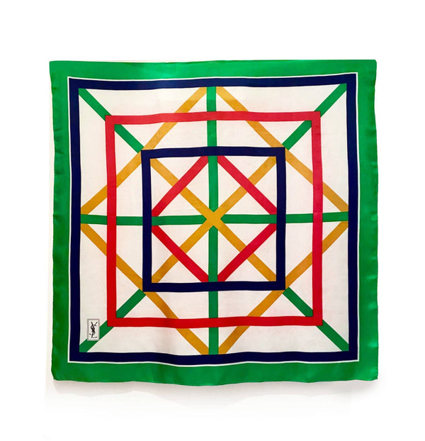 1980s YVES SAINT LAURENT GEOMETRIC PRINT SILK LARGE BABUSHKA SCARF - STYLE-CHNGR