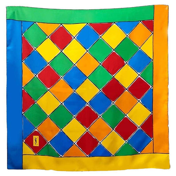 1980s YVES SAINT LAURENT MULTICOLOR GEOMETRIC PRINT SILK SCARF - STYLE-CHNGR