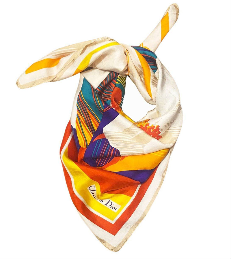 1980s Christian Dior Large Flower Multicolor Silk Scarf
