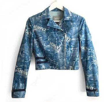 1990S Versace Couture Blue Denim Logo Cropped Bolero Jacket - STYLE-CHNGR