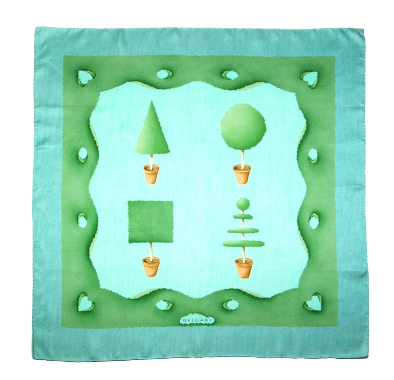 1990s Bvlgari by Davide Pizzigoni Green Silk Vases and Plants Babushka Scarf