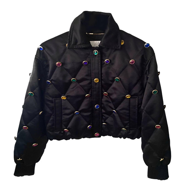 1990s Escada Black Gems Buttoned Cropper Bomber Jacket - STYLE-CHNGR