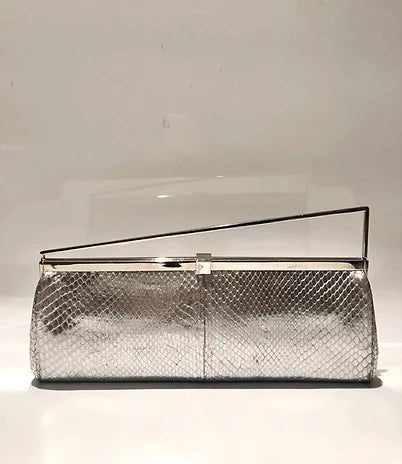 1990s GIANNI VERSACE SILVER SNAKE SKIN MEDUSA CLUTCH BAG - STYLE-CHNGR