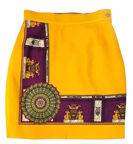 1990s GIANNI VERSACE YELLOW PURPLE MYTHOLOGY A - LINE WOOL SKIRT