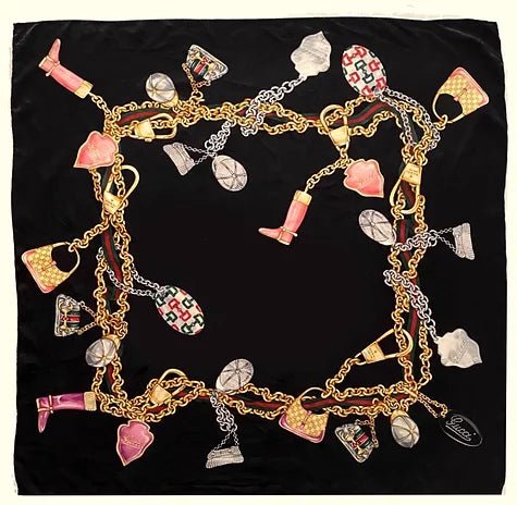 1990s GUCCI BLACK BAG CHARM CHAIN PRINT SILK SCARF - STYLE-CHNGR