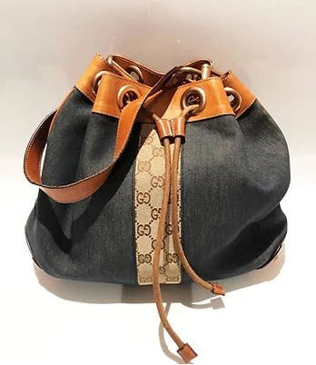1990s GUCCI Denim Monogram Leather Bucket Bag 