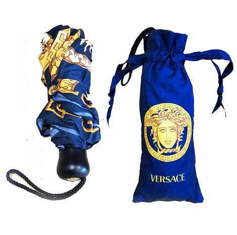 1990s Gianni Versace Navy Blue Gold Medusa Compact Umbrella - STYLE-CHNGR
