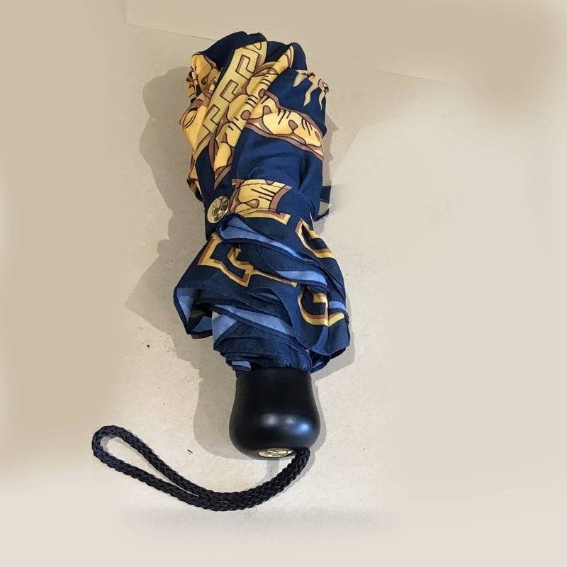 1990s Gianni Versace Navy Blue Gold Medusa Compact Umbrella - STYLE-CHNGR