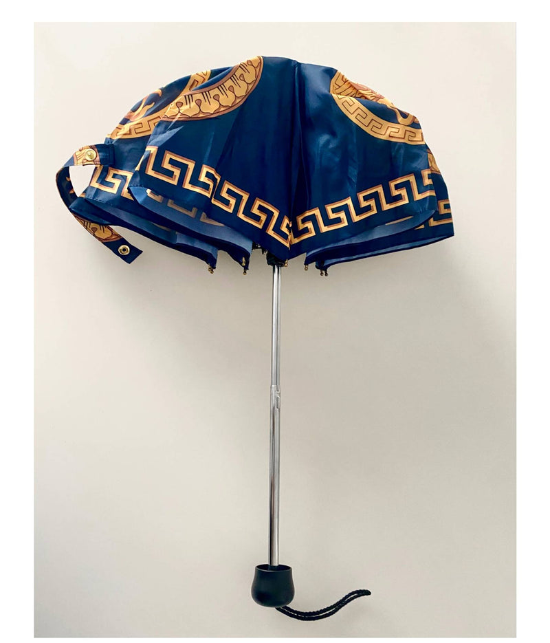 1990s Gianni Versace Navy Blue Gold Medusa Compact Umbrella - STYLE-CHNGR