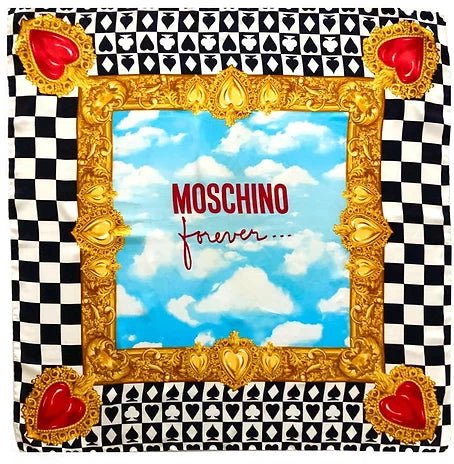 1990s MOSCHINO FOREVER CHEQUERED HEART PRINT GOLD SILK SCARF - STYLE-CHNGR