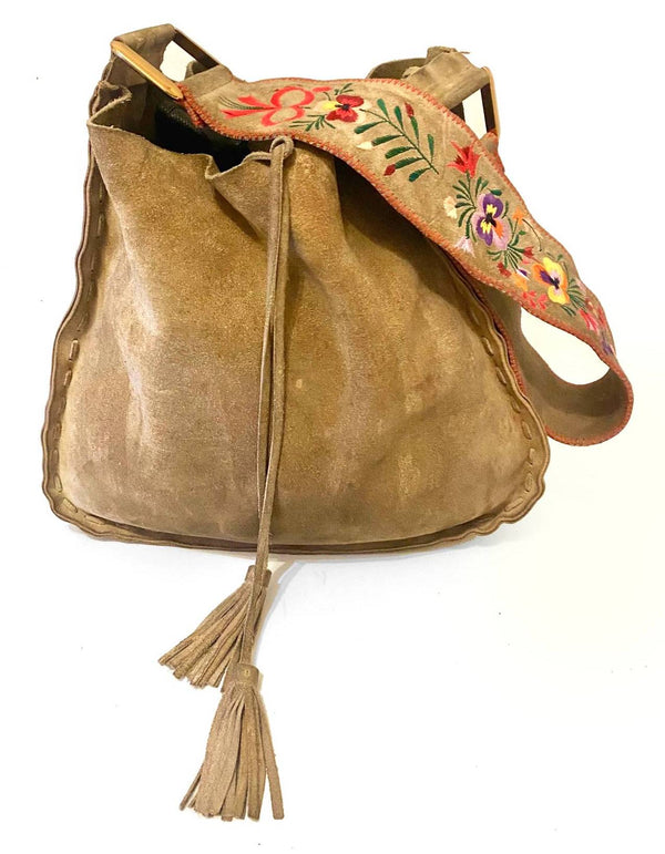 1990s Miu Miu Brown Suede Flower Embroidered Shoulder Bag - STYLE-CHNGR