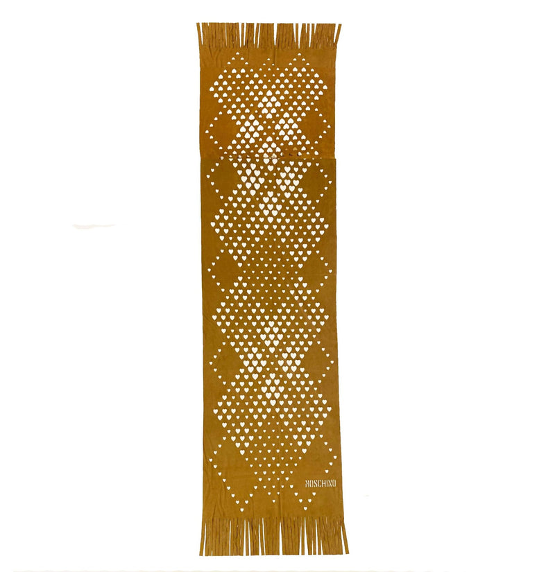 1990s Moschino Faux Suede Brown Heart Openwork Scarf