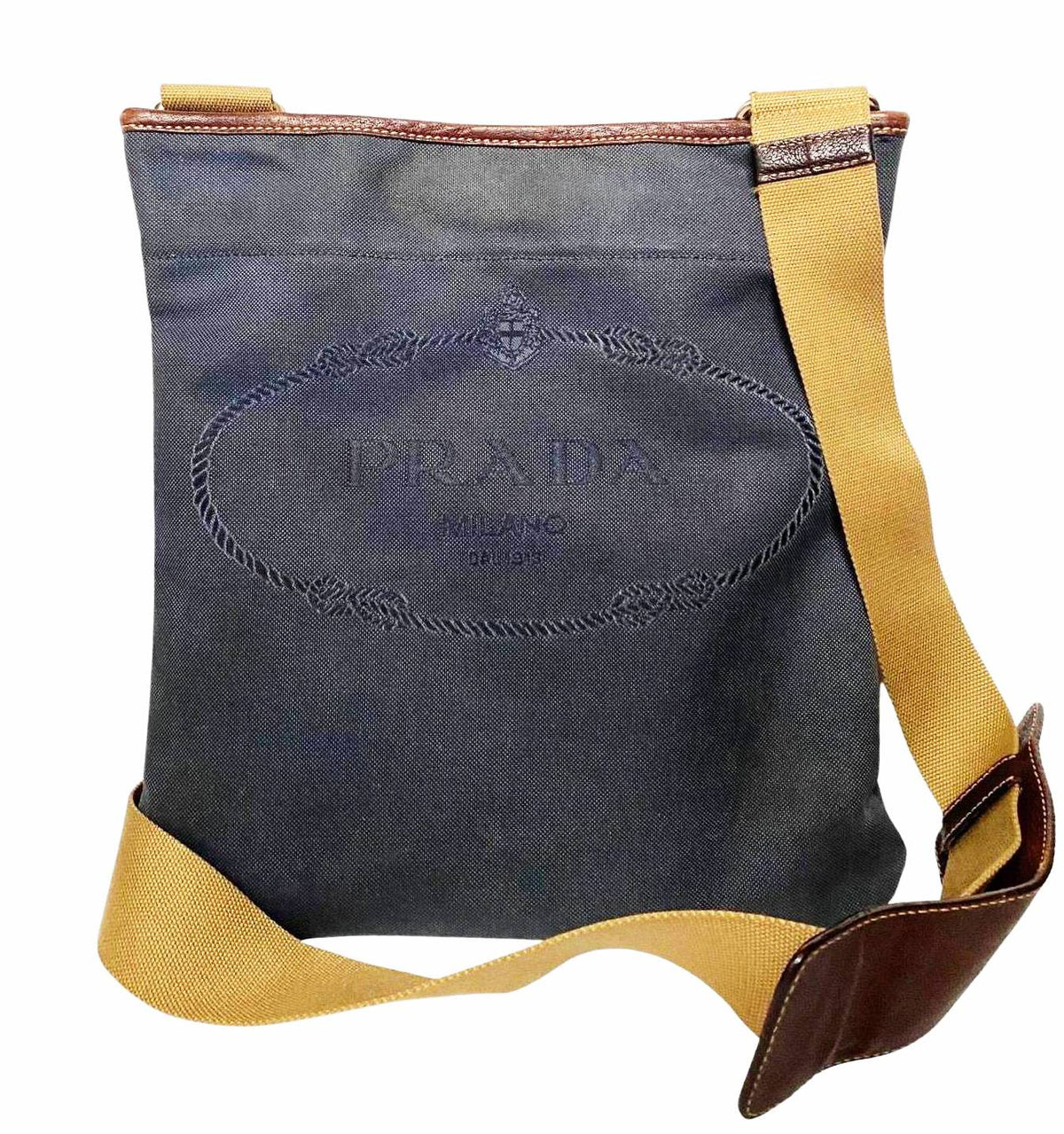 1990s Prada Denim Canvas Crossbody Messenger Logo Bag - STYLE-CHNGR