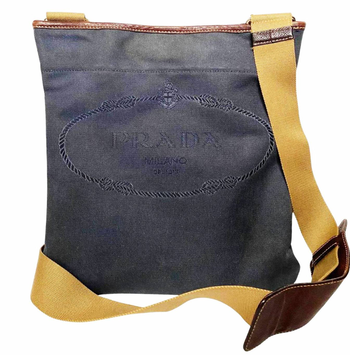 1990s Prada Denim Canvas Crossbody Messenger Logo Bag - STYLE-CHNGR