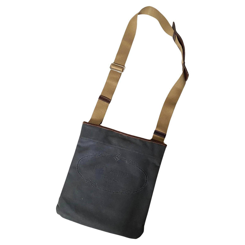 1990s Prada Denim Canvas Crossbody Messenger Logo Bag - STYLE-CHNGR