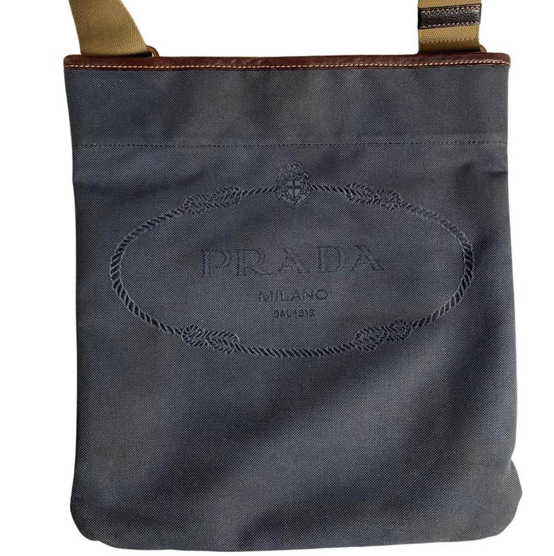 1990s Prada Denim Canvas Crossbody Messenger Logo Bag - STYLE-CHNGR