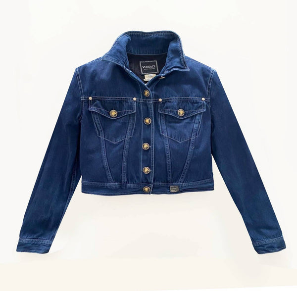 1990s VERSACE DENIM CROPPED BOMBER MEDUSA BUTTON JACKET - STYLE-CHNGR