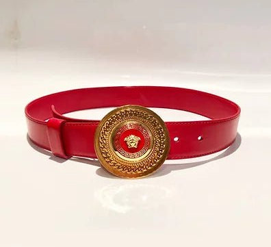 1990s Versace Red Leather Gold Medusa Medallion Buckle Belt - STYLE-CHNGR